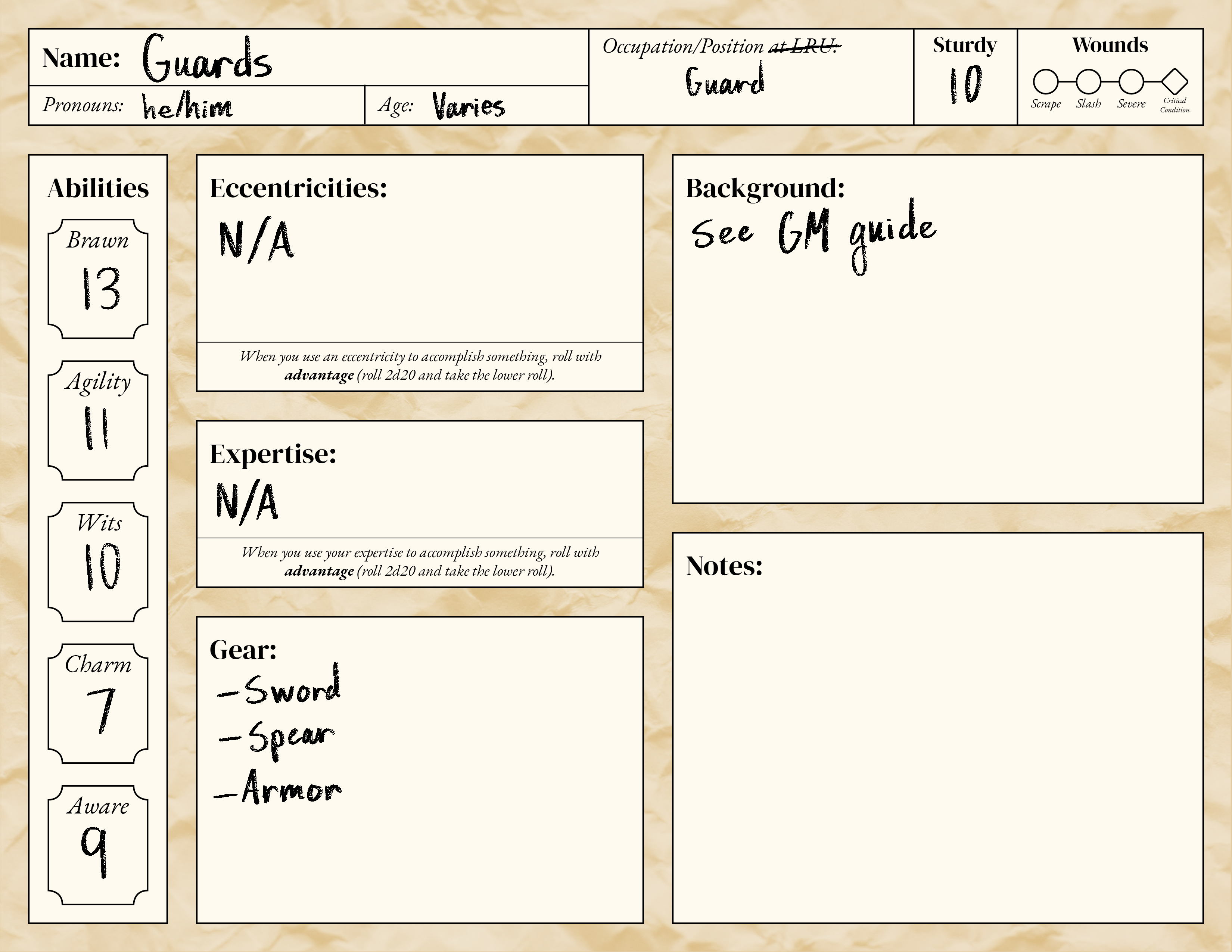 character sheet for guards