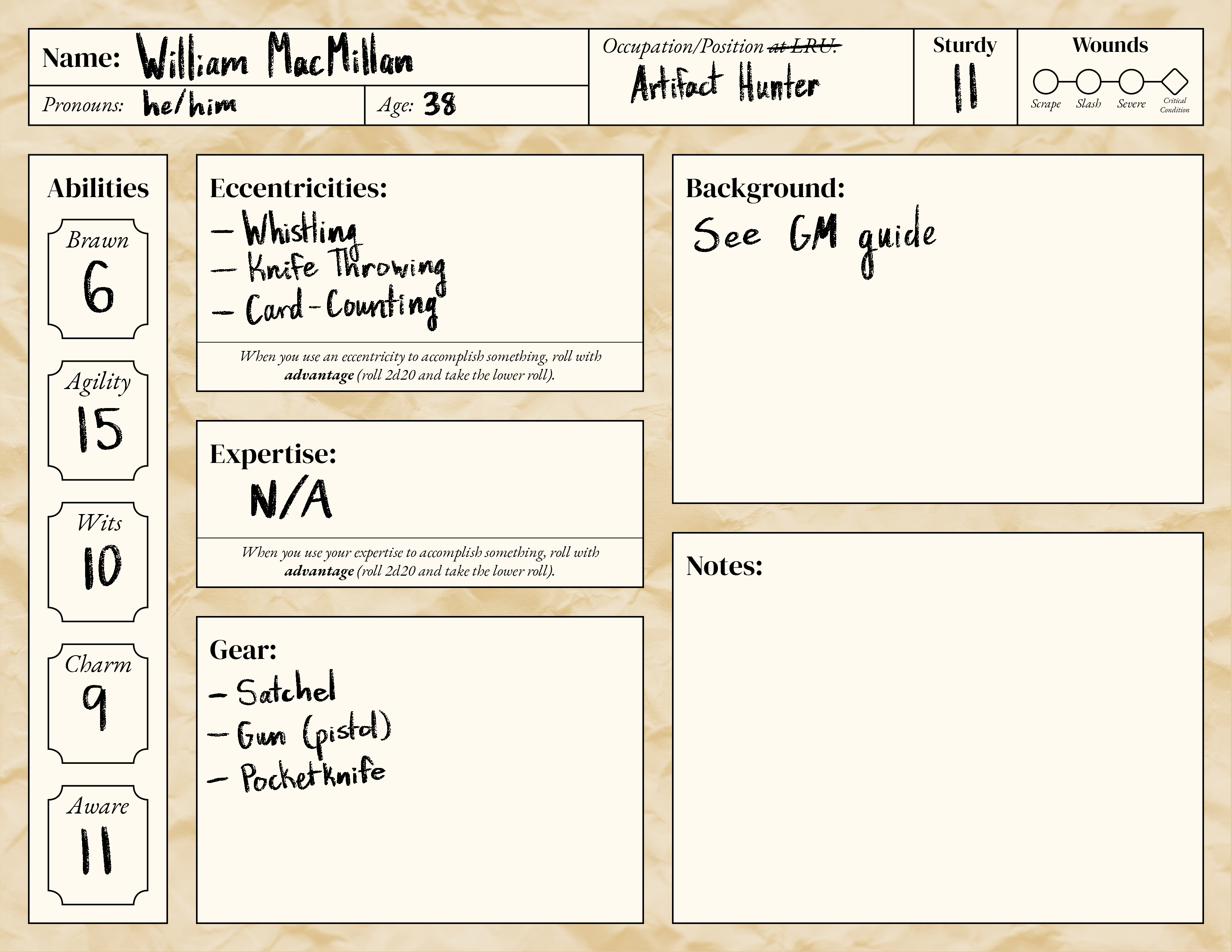 character sheet for MacMillan